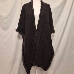 Redfish Designs Vintage Twisted Rabbit Fur Lined Trim Brown Acrylic Shawl Cardi
